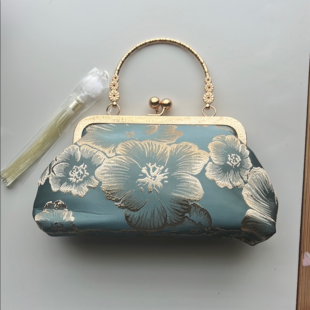 Blue and Gold Floral Clutch with Gold Frame